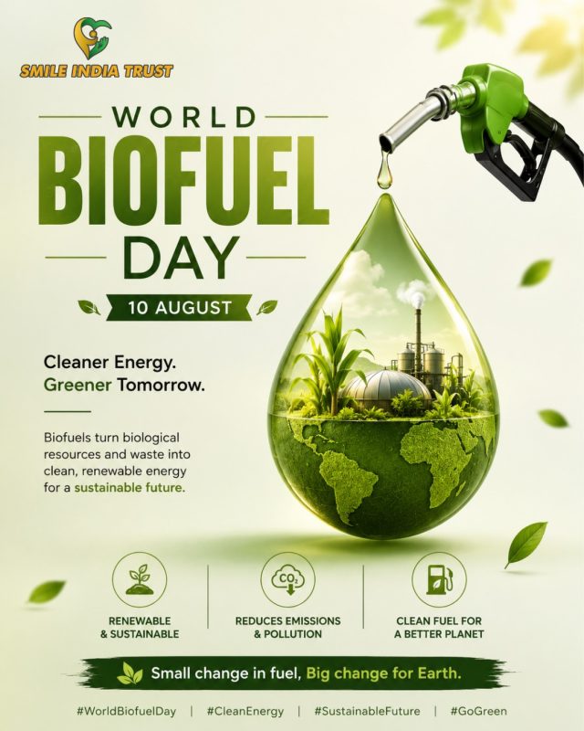 Metadata Explore the importance of World Biofuel Day, India's biofuel policies, the benefits and challenges of biofuels, and how Smile India Trust promotes environmental sustainability through awareness, tree plantation, and cleanliness drives